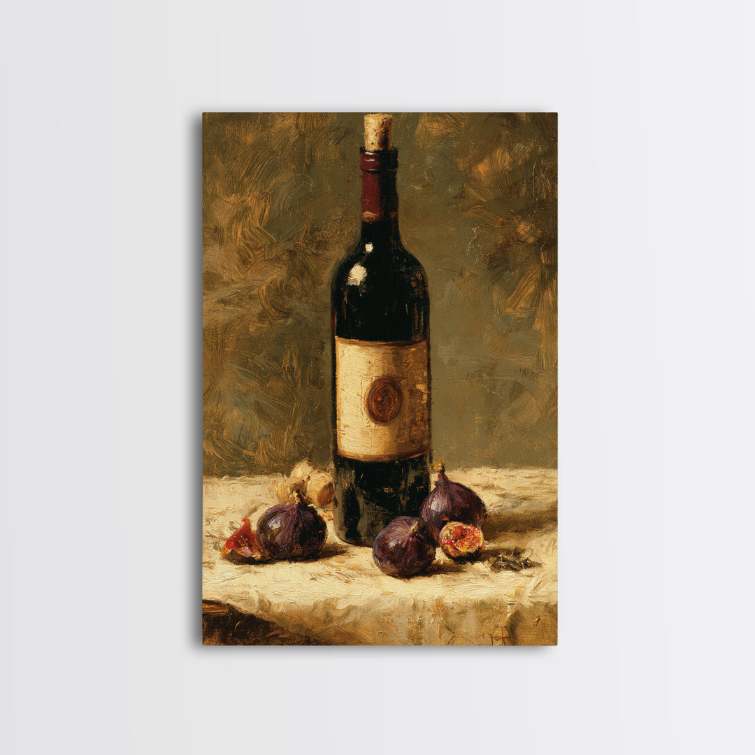 Wine Bottle and Figs on a Linen Canvas Print, Dining Room Art, Gallery Decor, Dining Room Decor, Abstract Art, Dining, DRA-2x3-35