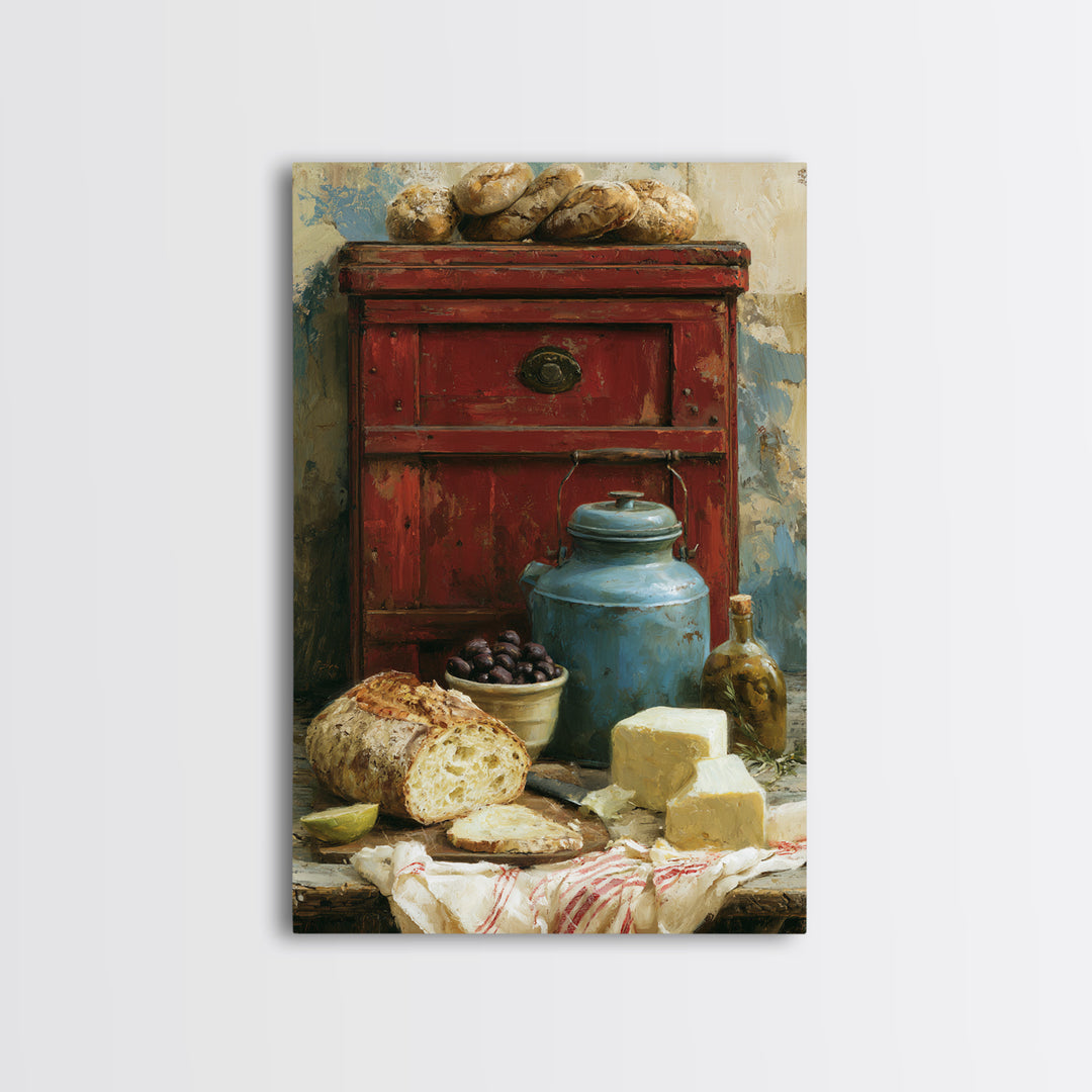 Rustic Bread Olives and Cheese Still Life Framed Canvas Print, Dining Room Art, Art Print, Dining Room Decor, Fine Art, Dining, DRA-2x3-38