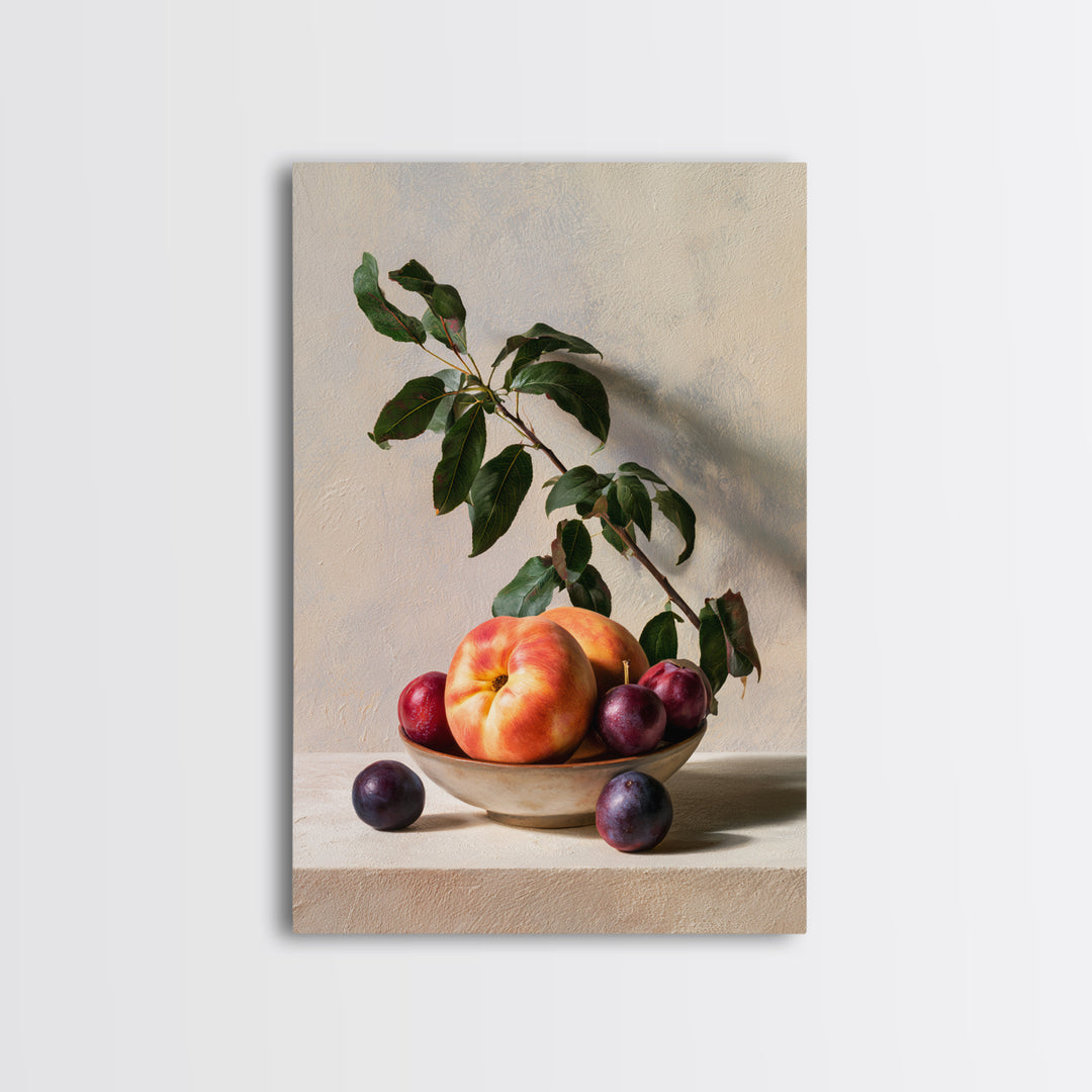 Peach and Plum Still Life Framed Canvas Print, Dining Room Art, Kitchen Prints, Dining Room Decor, Fine Art, Dining, Art Print, DRA-2x3-4