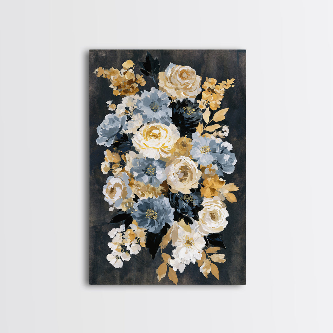 Moody Dark Background Bouquet for Formal Dining Framed Canvas Print, Dining Room Art, Neutral Decor, Dining Room Decor, Dining, DRA-2x3-43