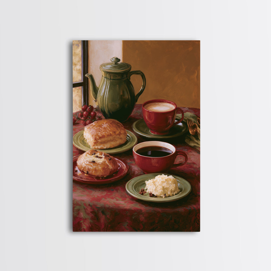 Coffee and Pastry Scene for Breakfast Nook Framed Canvas Print, Dining Room Art, Statement Artwork, Dining Room Decor, Dining, DRA-2x3-46