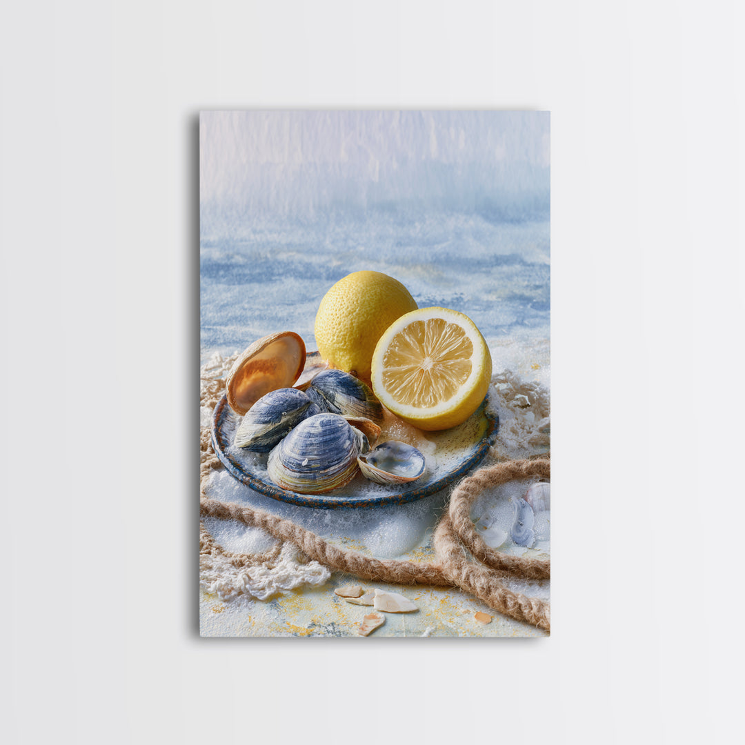 Shellfish and Lemon Still Life Framed Canvas Print, Dining Room Art, Kitchen Prints, Dining Room Decor, Watercolor Art, Dining, DRA-2x3-48