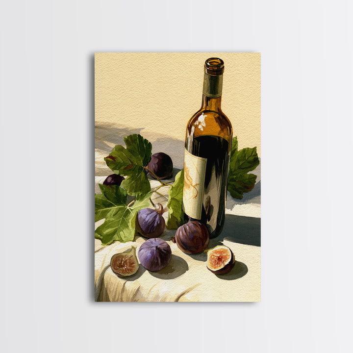Wine Bottle and Figs on a Linen Framed Canvas Print, Dining Room Art, Boho Decor, Dining Room Decor, Abstract Art, Dining, DRA-2x3-59
