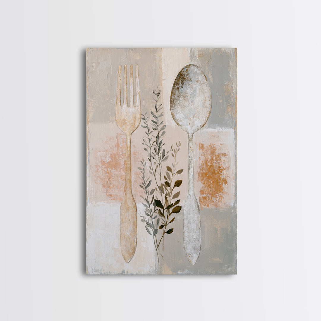 Minimal Fork Spoon and Herb Composition Framed Canvas Print, Dining Room Art, Wall Decor, Dining Room Decor, Fine Art, Dining, DRA-2x3-6