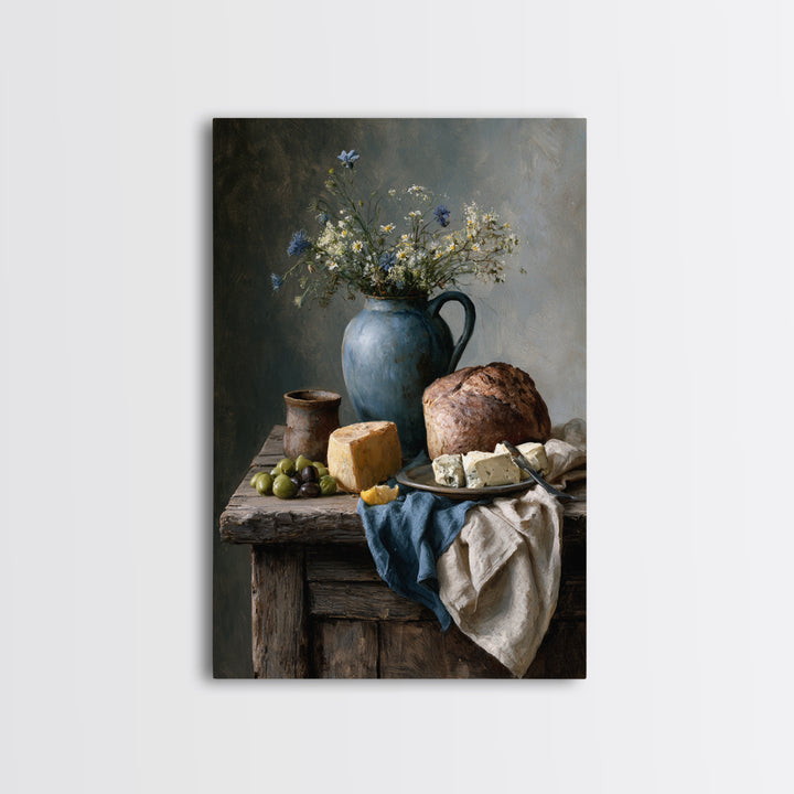 Rustic Bread Olives and Cheese Still Life Canvas Print, Dining Room Art, Wall Art, Dining Room Decor, Abstract Art, Dining, DRA-2x3-62