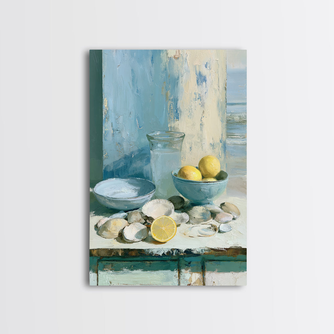 Shellfish and Lemon Still Life Canvas Print, Dining Room Art, Neutral Decor, Dining Room Decor, Oil Painting, Dining, DRA-2x3-72