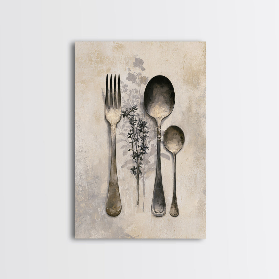 Minimal Fork Spoon and Herb Composition Framed Canvas Print, Dining Room Art, Minimalist Decor, Dining Room Decor, Dining, DRA-2x3-78