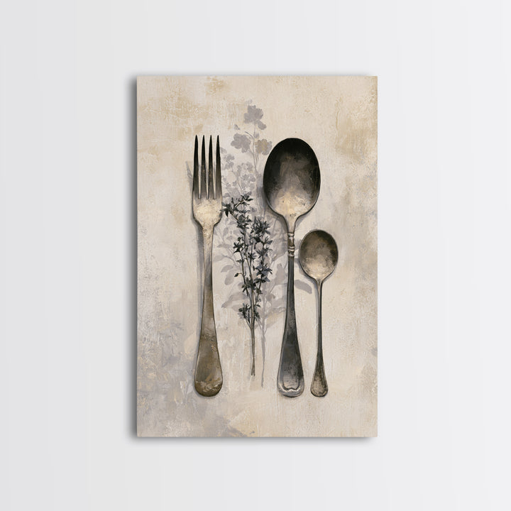 Minimal Fork Spoon and Herb Composition Framed Canvas Print, Dining Room Art, Minimalist Decor, Dining Room Decor, Dining, DRA-2x3-78