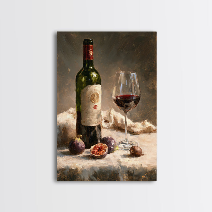 Wine Bottle and Figs on a Linen Framed Canvas Print, Dining Room Art, Print, Dining Room Decor, Dining, Living Room Decor, DRA-2x3-83