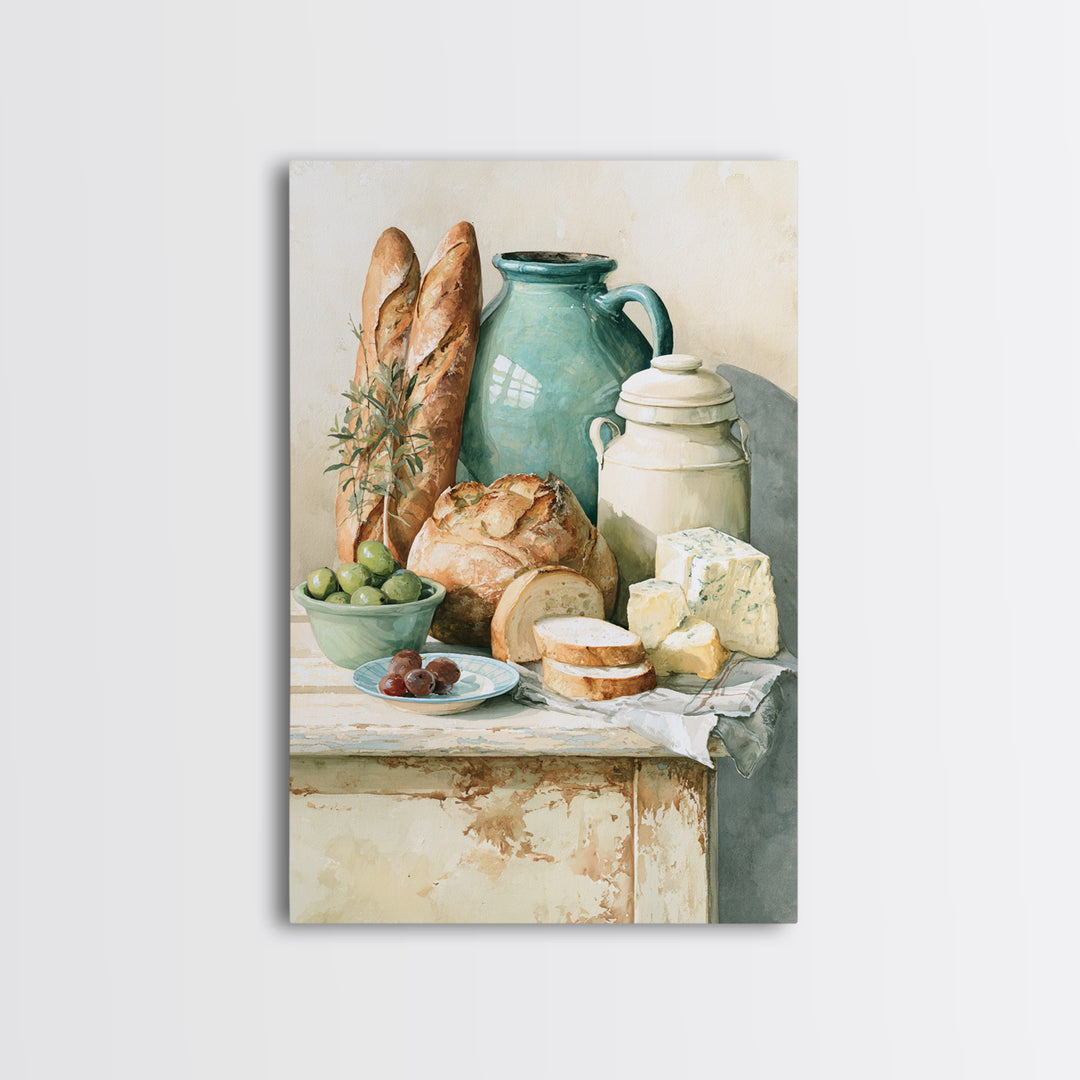 Rustic Bread Olives and Cheese Still Life Canvas Print, Dining Room Art, Wall Art, Dining Room Decor, Abstract Art, Dining, DRA-2x3-86