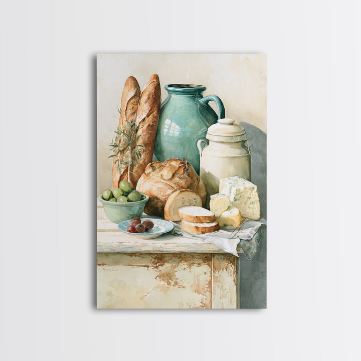 Rustic Bread Olives and Cheese Still Life Canvas Print, Dining Room Art, Wall Art, Dining Room Decor, Abstract Art, Dining, DRA-2x3-86