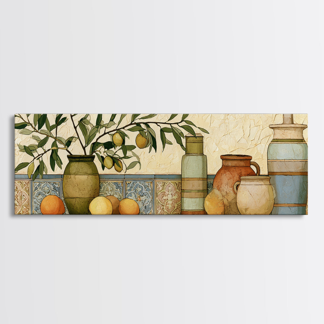 Mediterranean Olive Branch and Citrus Arrangement Canvas Print, Dining Room Art, Coastal Wall Art, Dining Room Decor, Dining, DRA-3x1-100