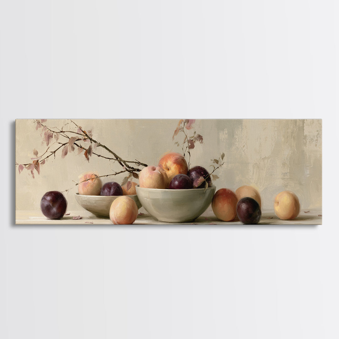 Peach and Plum Still Life Framed Canvas Print, Dining Room Art, Kitchen Wall Decor, Dining Room Decor, Fine Art, Dining, DRA-3x1-12