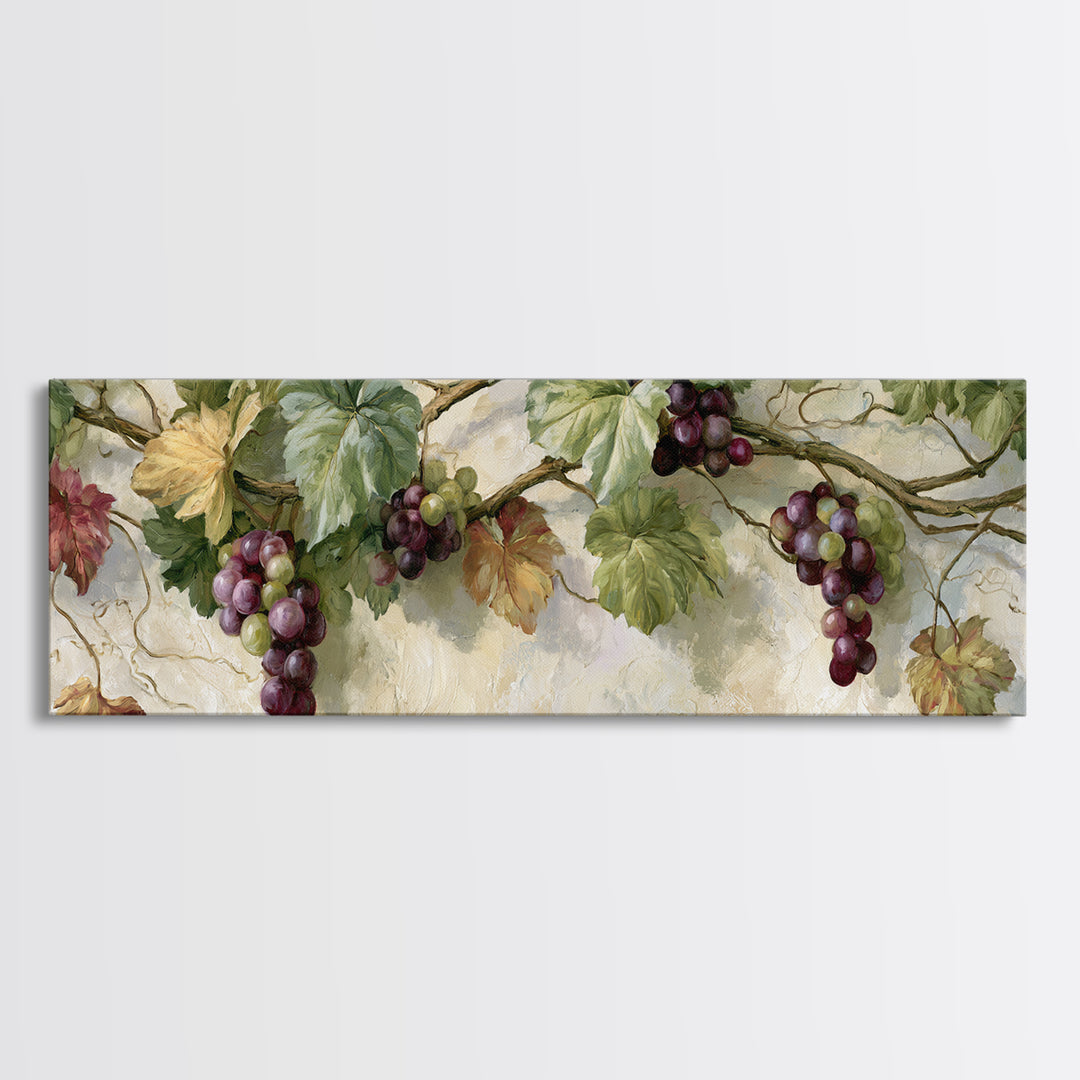 Botanical Grapevine with Leaves and Fruit Canvas Print, Dining Room Art, Dining Room Decor, Oil Painting, Dining, DRA-3x1-13