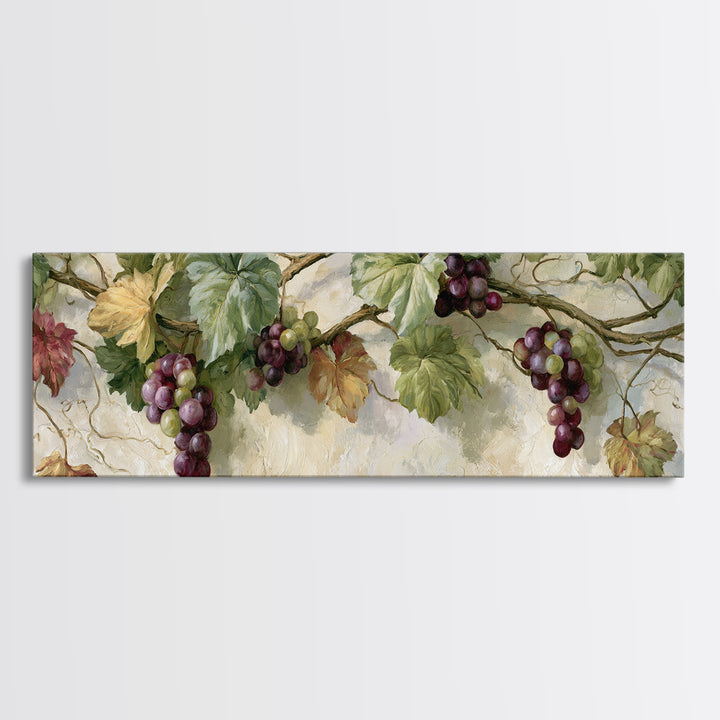 Botanical Grapevine with Leaves and Fruit Canvas Print, Dining Room Art, Dining Room Decor, Oil Painting, Dining, DRA-3x1-13