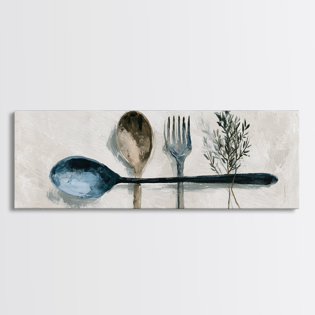 Minimal Fork Spoon and Herb Composition Canvas Print, Dining Room Art, Coastal Wall Art, Dining Room Decor, Fine Art, Dining, DRA-3x1-14