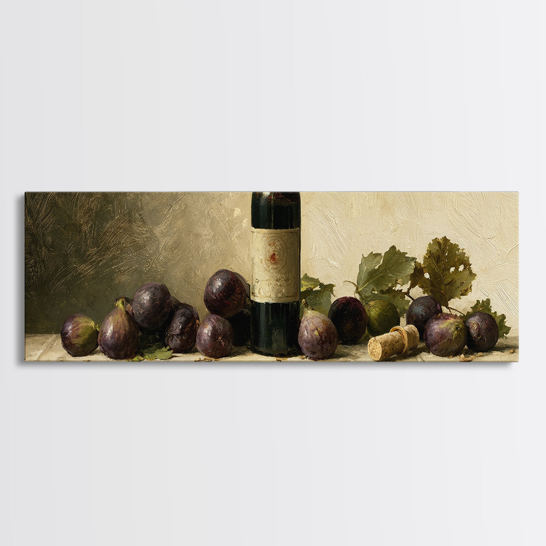 Wine Bottle and Figs on a Linen Canvas Print, Dining Room Art, Wall Decor, Dining Room Decor, Abstract Art, Dining, DRA-3x1-19