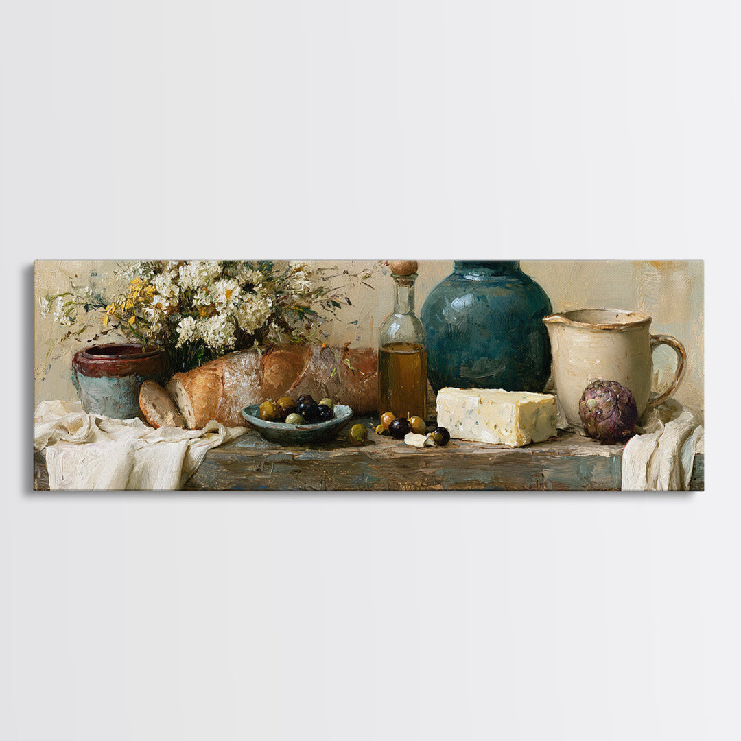 Rustic Bread Olives and Cheese Still Life Canvas Print, Dining Room Art, Neutral Decor, Dining Room Decor, Abstract Art, Dining, DRA-3x1-22