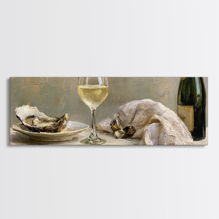Elegant Oyster and Champagne Still Life Framed Canvas Print, Dining Room Art, Neutral Decor, Dining Room Decor, Dining, DRA-3x1-23