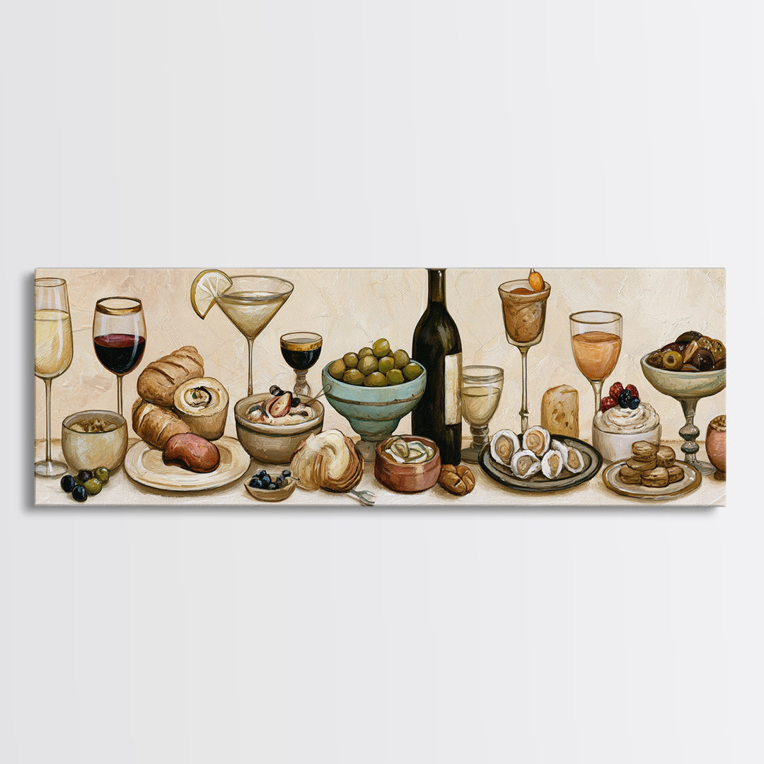 French Bistro Food Illustration Without Text Canvas Print, Dining Room Art, Canvas Wall Art, Dining Room Decor, Watercolor Art, DRA-3x1-26