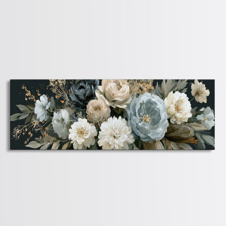 Moody Dark Background Bouquet for Formal Dining Framed Canvas Print, Dining Room Art, Modern Decor, Dining Room Decor, Dining, DRA-3x1-27