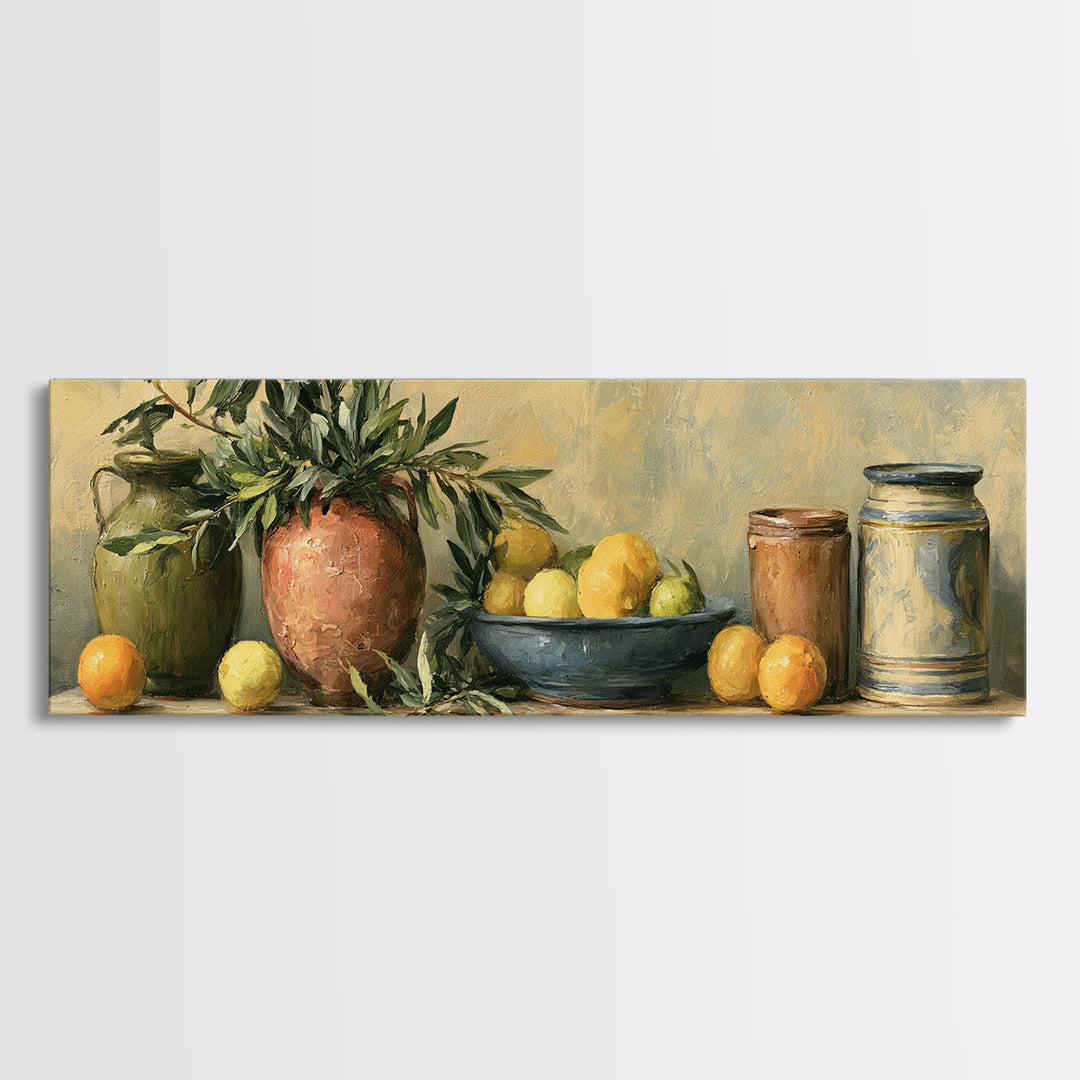 Mediterranean Olive Branch and Citrus Arrangement Canvas Print, Dining Room Art, Kitchen Prints, Dining Room Decor, Dining, DRA-3x1-28