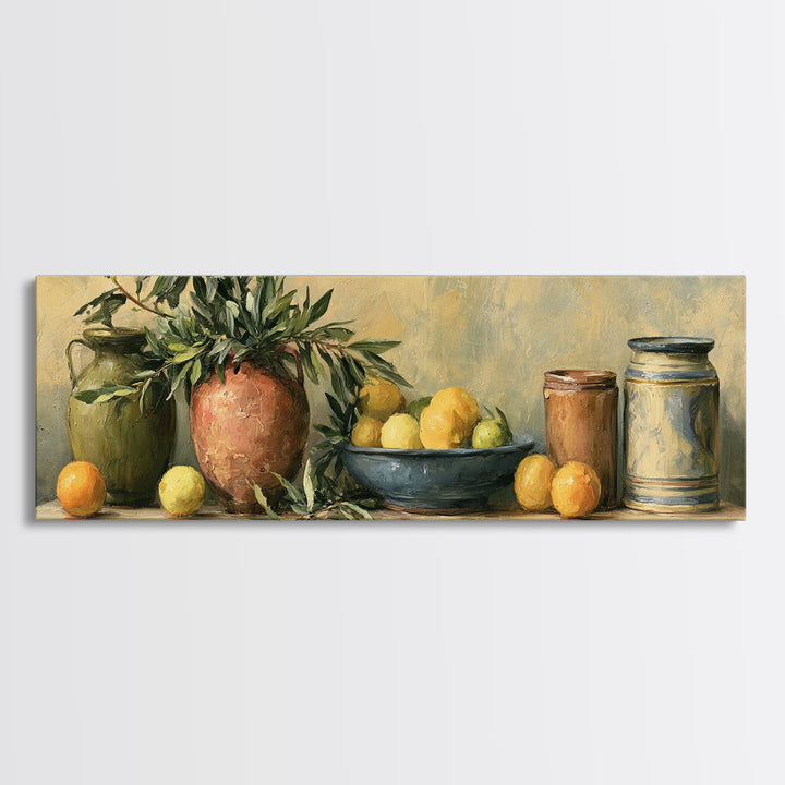 Mediterranean Olive Branch and Citrus Arrangement Canvas Print, Dining Room Art, Kitchen Prints, Dining Room Decor, Dining, DRA-3x1-28