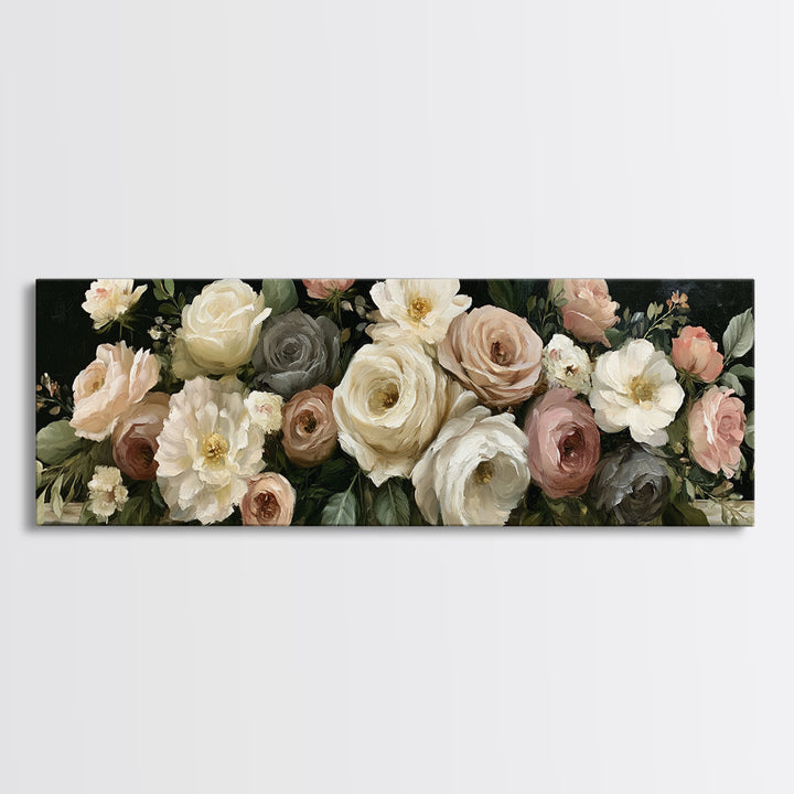 Moody Dark Background Bouquet for Formal Dining Canvas Print, Dining Room Art, Trendy Wall Art, Dining Room Decor, Dining, DRA-3x1-3