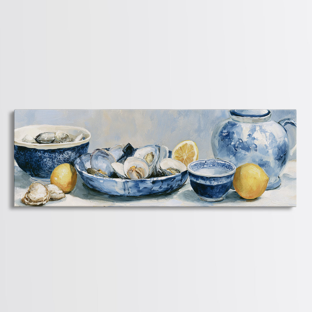 Shellfish and Lemon Still Life Framed Canvas Print, Dining Room Art, Trendy Wall Art, Dining Room Decor, Watercolor Art, Dining, DRA-3x1-32