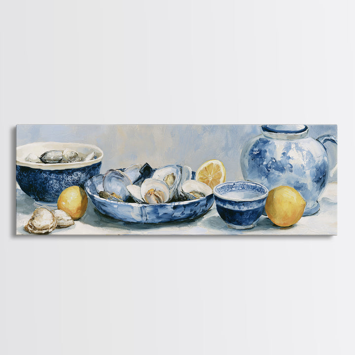 Shellfish and Lemon Still Life Framed Canvas Print, Dining Room Art, Trendy Wall Art, Dining Room Decor, Watercolor Art, Dining, DRA-3x1-32