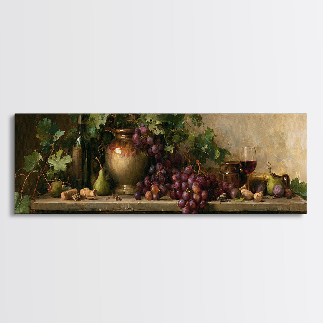 Botanical Grapevine with Leaves and Fruit Framed Canvas Print, Dining Room Art, Kitchen Decor, Dining Room Decor, DRA-3x1-37
