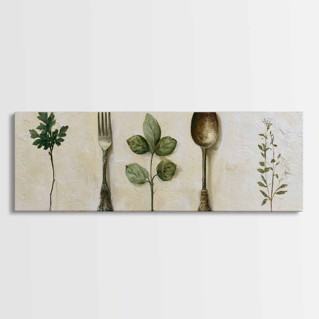 Minimal Fork Spoon and Herb Composition Canvas Print, Dining Room Art, Print, Dining Room Decor, Dining, Living Room Decor, DRA-3x1-38