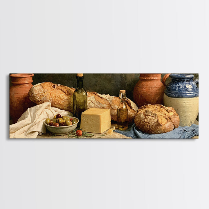 Rustic Bread Olives and Cheese Still Life Canvas Print, Dining Room Art, Kitchen Wall Art, Dining Room Decor, Fine Art, Dining, DRA-3x1-46