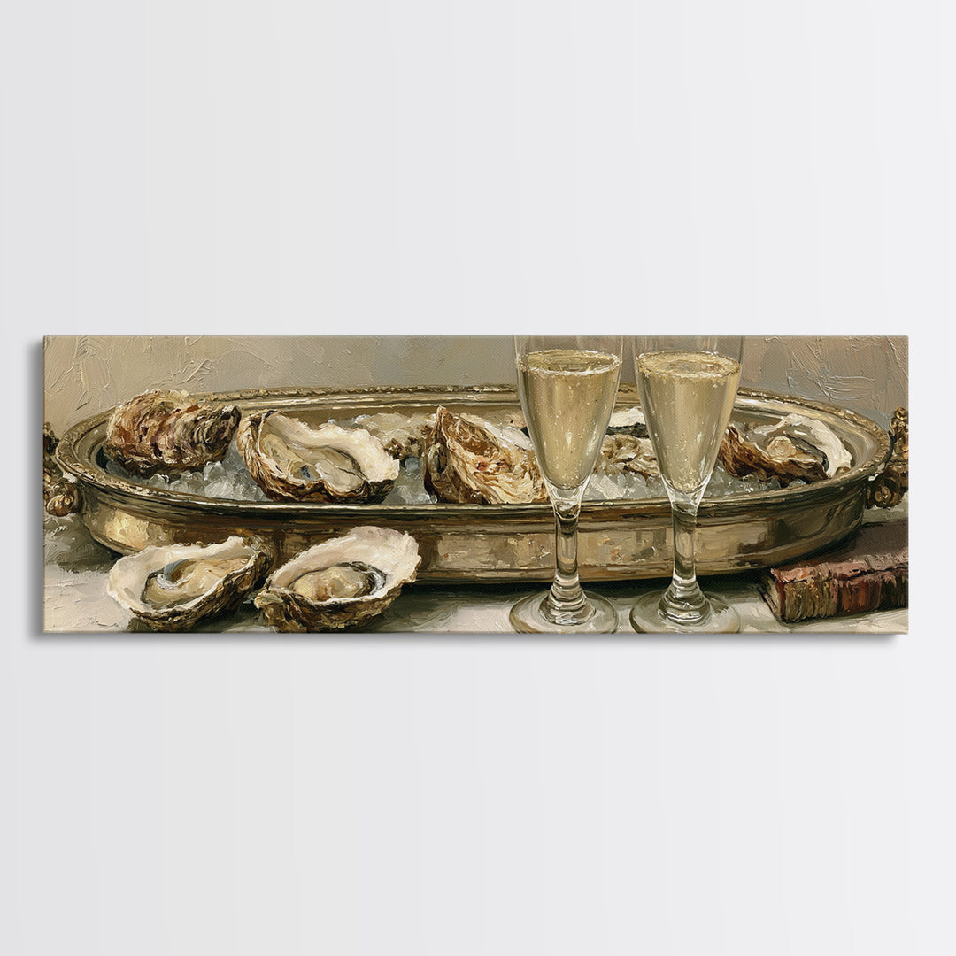 Elegant Oyster and Champagne Still Life Framed Canvas Print, Dining Room Art, Dining Room Decor, Oil Painting, Dining, DRA-3x1-47