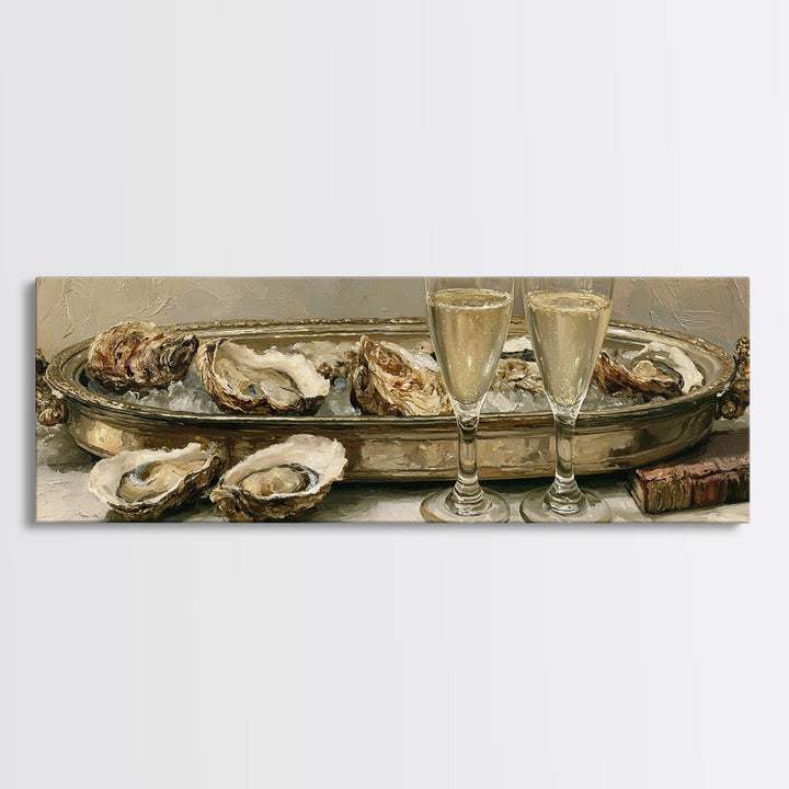 Elegant Oyster and Champagne Still Life Framed Canvas Print, Dining Room Art, Dining Room Decor, Oil Painting, Dining, DRA-3x1-47