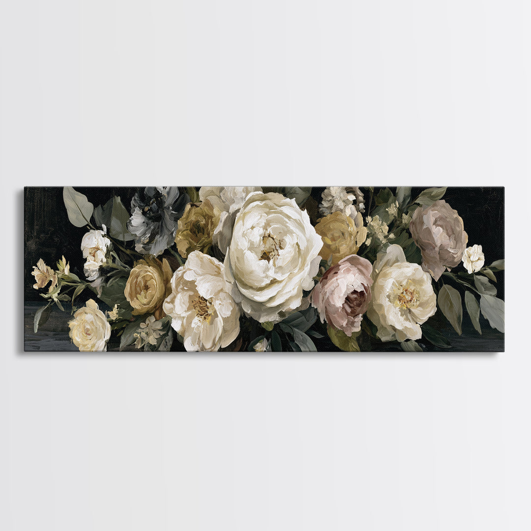 Moody Dark Background Bouquet for Formal Dining Framed Canvas Print, Dining Room Art, Wall Art, Dining Room Decor, Dining, DRA-3x1-51