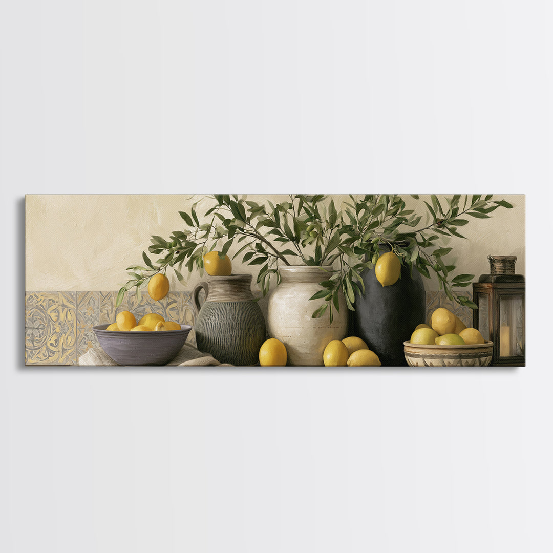 Mediterranean Olive Branch and Citrus Arrangement Canvas Print, Dining Room Art, Luxury Decor, Dining Room Decor, Dining, DRA-3x1-52