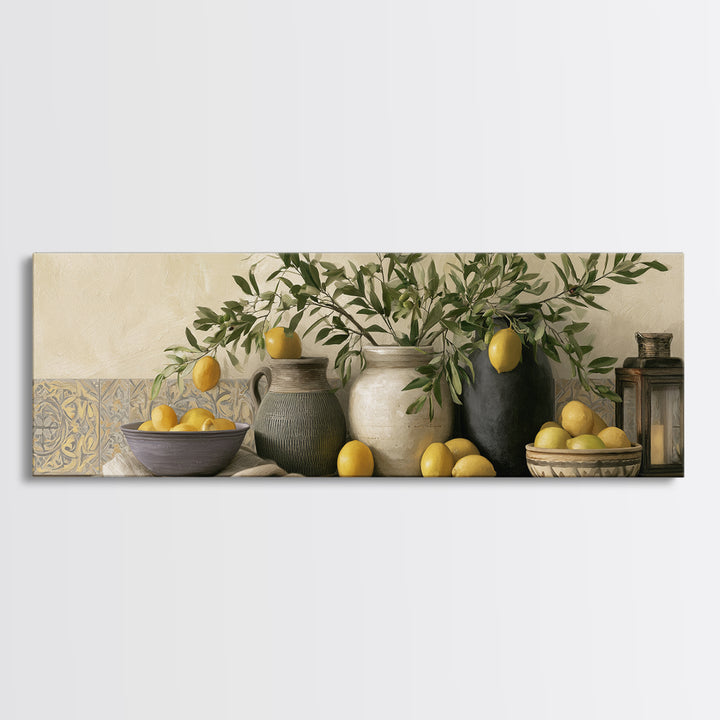 Mediterranean Olive Branch and Citrus Arrangement Canvas Print, Dining Room Art, Luxury Decor, Dining Room Decor, Dining, DRA-3x1-52