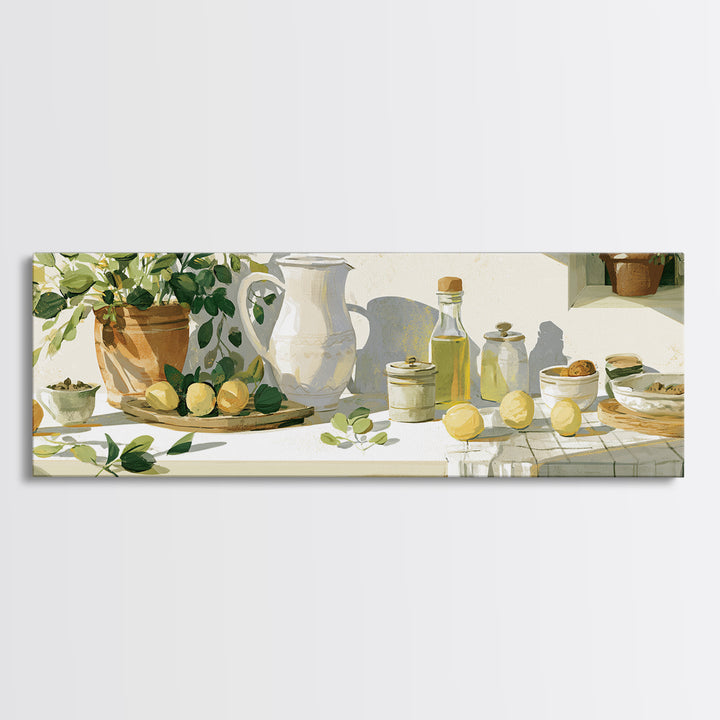 Sunlit Farmhouse Table Objects Without Room View Framed Canvas Print, Dining Room Art, Kitchen Art, Dining Room Decor, Dining, DRA-3x1-57