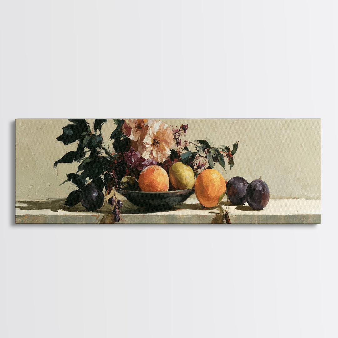 Peach and Plum Still Life Framed Canvas Print, Dining Room Art, Fine Art Print, Dining Room Decor, Fine Art, Dining, Fall Decor, DRA-3x1-60