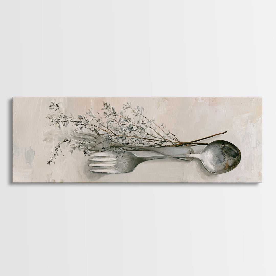 Minimal Fork Spoon and Herb Composition Canvas Print, Dining Room Art, Coastal Decor, Dining Room Decor, Oil Painting, Dining, DRA-3x1-62