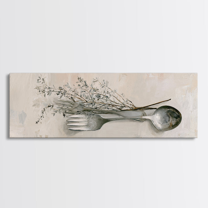 Minimal Fork Spoon and Herb Composition Canvas Print, Dining Room Art, Coastal Decor, Dining Room Decor, Oil Painting, Dining, DRA-3x1-62