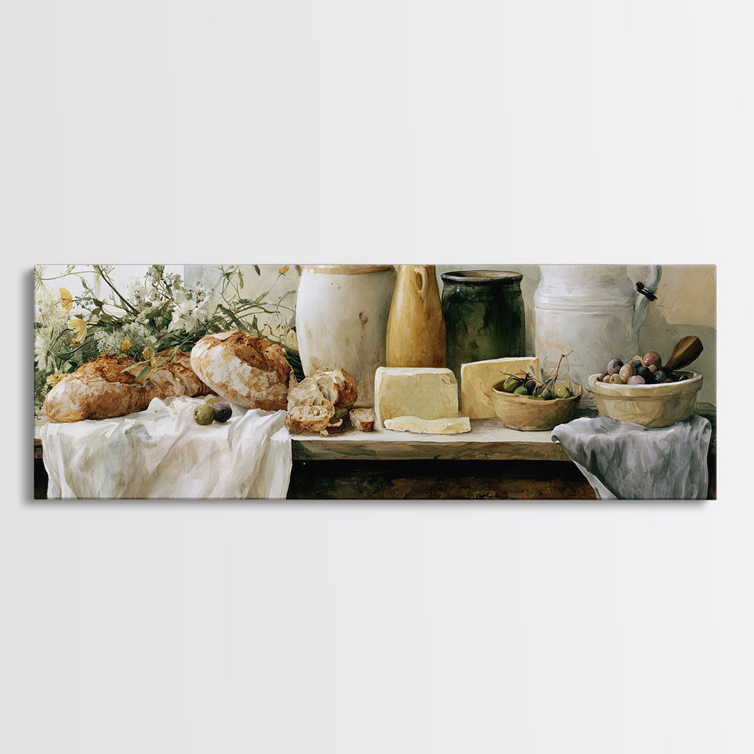 Rustic Bread Olives and Cheese Still Life Canvas Print, Dining Room Art, Modern Decor, Dining Room Decor, Oil Painting, Dining, DRA-3x1-70