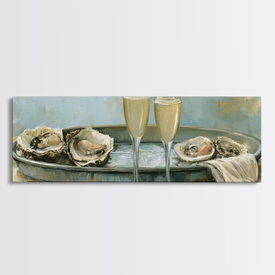 Elegant Oyster and Champagne Still Life Canvas Print, Dining Room Art, Large Wall Art, Dining Room Decor, Fine Art, Dining, DRA-3x1-71