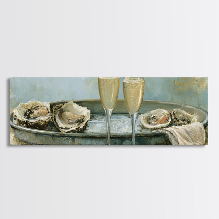 Elegant Oyster and Champagne Still Life Canvas Print, Dining Room Art, Large Wall Art, Dining Room Decor, Fine Art, Dining, DRA-3x1-71