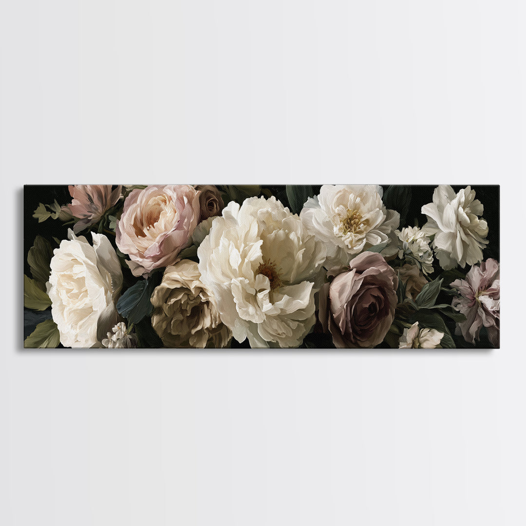 Moody Dark Background Bouquet for Formal Dining Canvas Print, Dining Room Art, Canvas Wall Art, Dining Room Decor, Dining, DRA-3x1-75