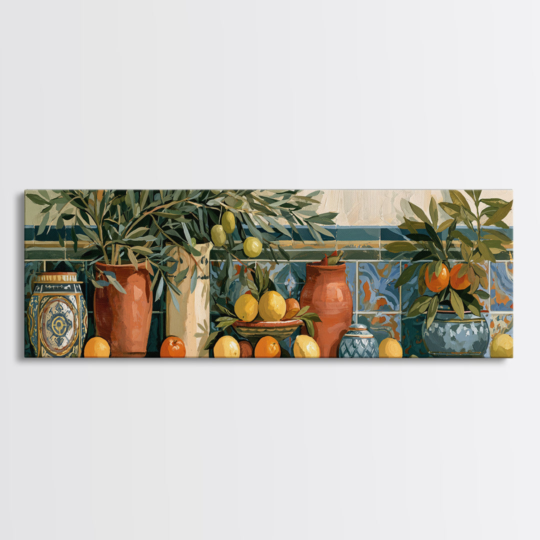 Mediterranean Olive Branch and Citrus Arrangement Canvas Print, Dining Room Art, Contemporary Art, Dining Room Decor, Dining, DRA-3x1-76