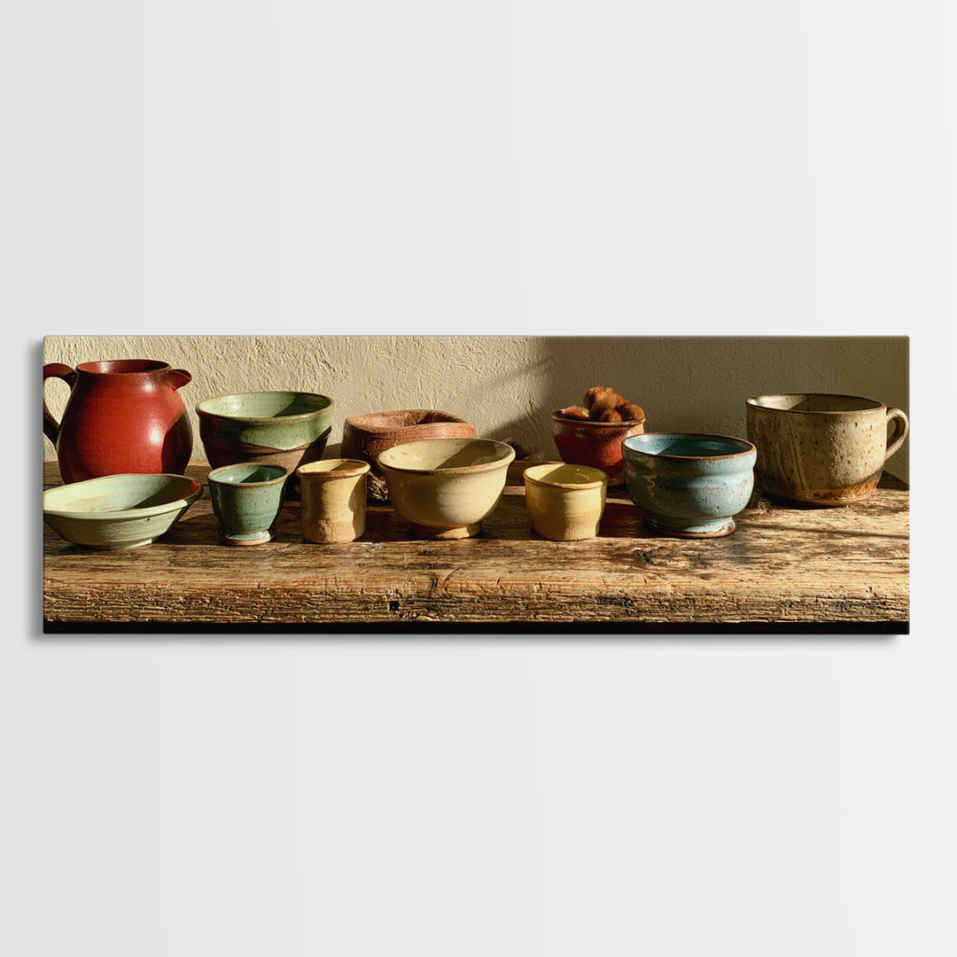 Sunlit Farmhouse Table Objects Without Room View Framed Canvas Print, Dining Room Art, Kitchen Art, Dining Room Decor, Dining, DRA-3x1-81