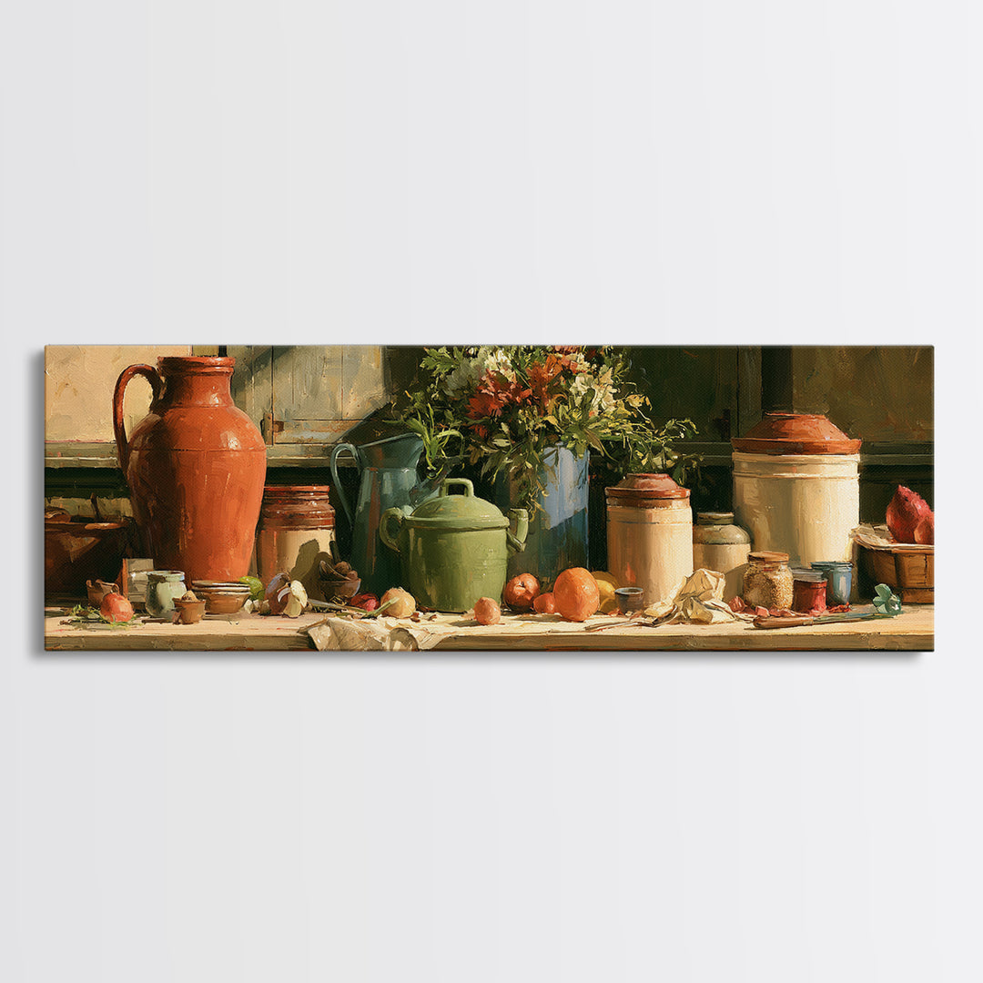 Sunlit Farmhouse Table Objects Without Room View Framed Canvas Print, Dining Room Art, Print, Dining Room Decor, Dining, DRA-3x1-9