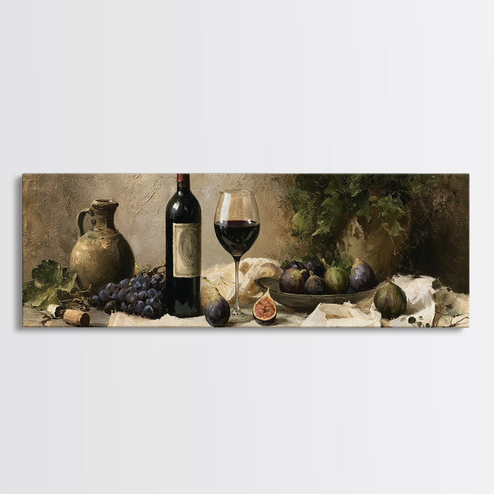 Wine Bottle and Figs on a Linen Canvas Print, Dining Room Art, Dining Room Wall Art, Dining Room Decor, Abstract Art, Dining, DRA-3x1-91